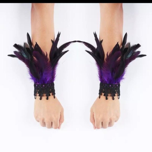 Purple Feather cuff bracelet Gothic masquerade Glove Chunky Carnival Cosplay - Picture 1 of 1